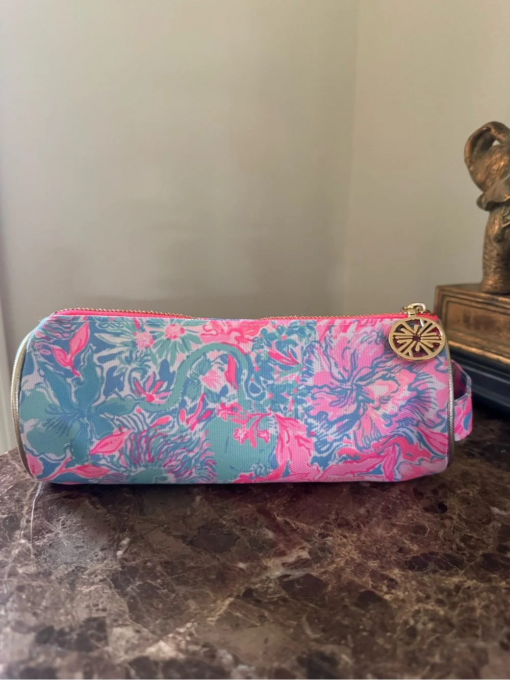 Lilly Pulitzer Pink and Blue Floral Cosmetic Pouch with Gold Accent